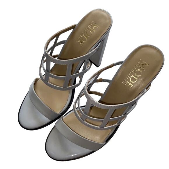 Mode Collective Lily White Grey Nappa Leather Caged Block Heeled Slip On Sandals - Picture 5 of 14